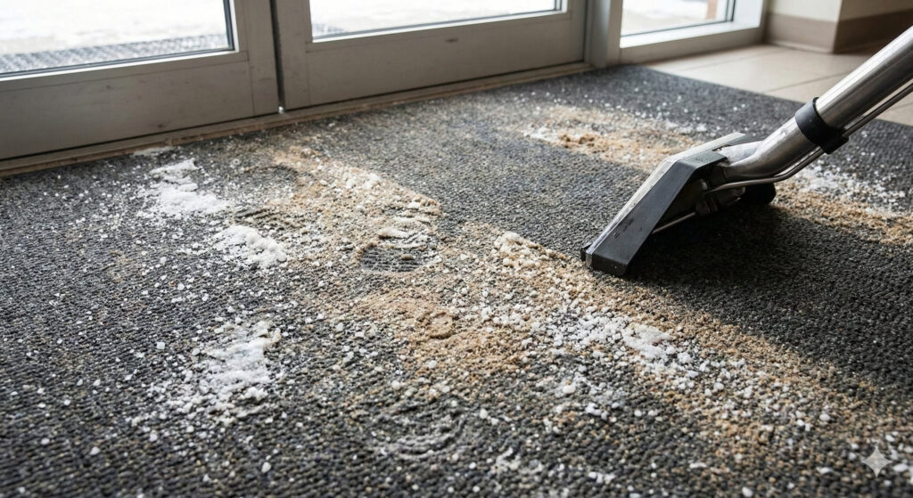 A vacuum cleaner is removing salt and dirt from a dark entryway mat near glass doors, showcasing the attention to detail found in day porter services Kansas City businesses rely on.