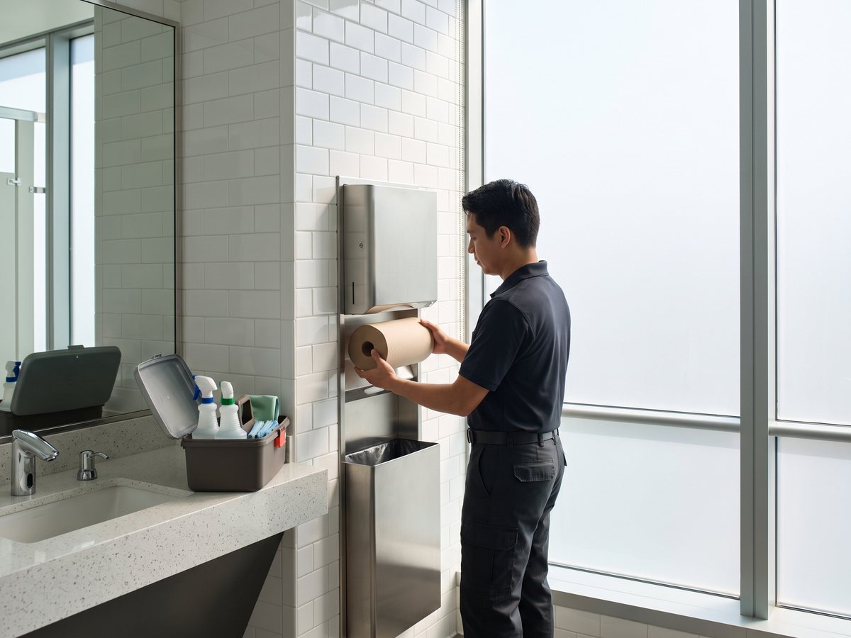 Day porter restocking a paper towel dispenser in a bright commercial office restroom