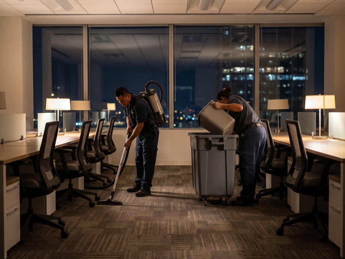 Night janitorial crew vacuuming carpet and emptying bins in an open-plan Kansas City office after hours